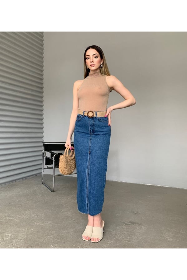 Kadın Mİdi Boy Denim Etek Kot Etek Etek Ucu Dikişsiz