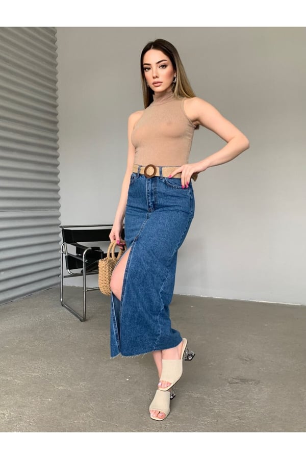 Kadın Mİdi Boy Denim Etek Kot Etek Etek Ucu Dikişsiz