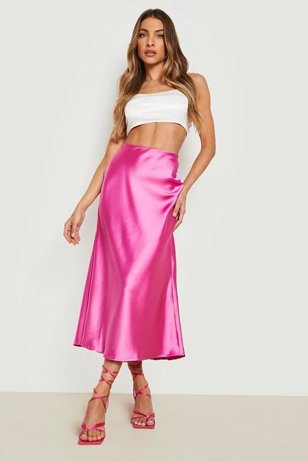 Kadın Pembe Renk Beli Lastikli Pamuk Kumaş Midi Boy Saten Premium Etek