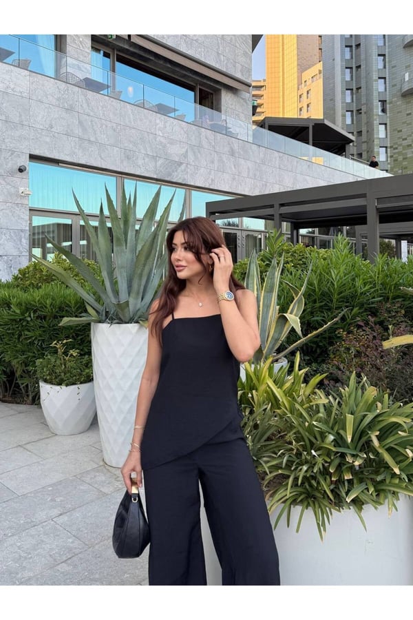 Kadın Premium Modal Kumaş Asimetrik Kesim Yırtmaçlı Bluz Palazzo Beli Lastikli Pantolon Takım