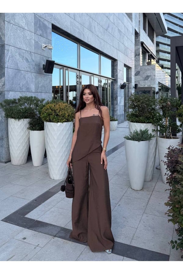 Kadın Premium Modal Kumaş Asimetrik Kesim Yırtmaçlı Bluz Palazzo Beli Lastikli Pantolon Takım