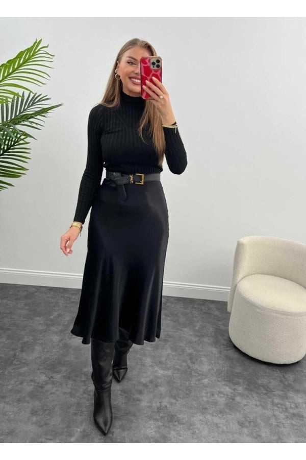 Kadın Siyah Renk Beli Lastikli Pamuk Kumaş Midi Boy Saten Premium Etek