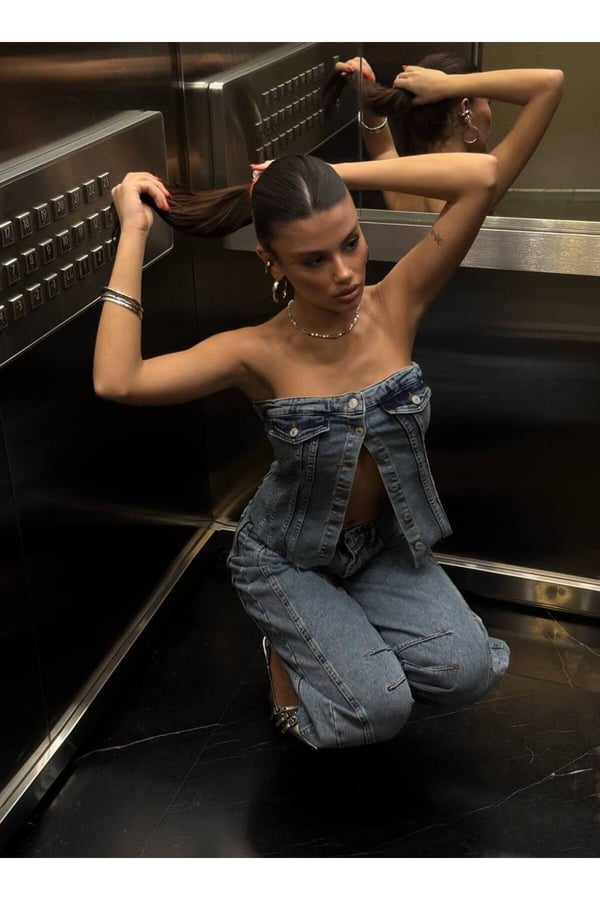 Kadın Tasarım Denim Straplez Yelek Crop Top Düğmeli Jean Büstiyer