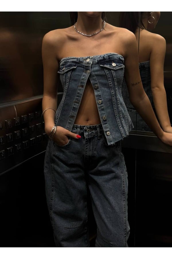 Kadın Tasarım Denim Straplez Yelek Crop Top Düğmeli Jean Büstiyer