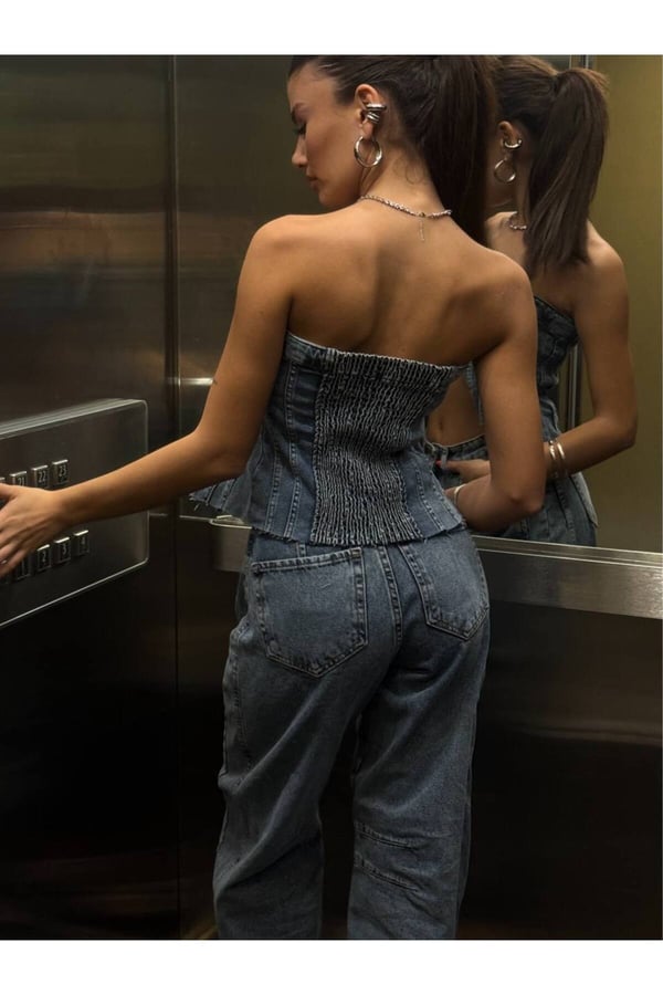 Kadın Tasarım Denim Straplez Yelek Crop Top Düğmeli Jean Büstiyer