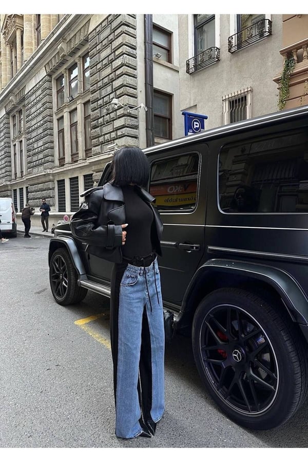 Kadın Tint Haki Lazer Detaylı Skater Jogger Fit Denim Jogger Kot Pantolon Baggy Model