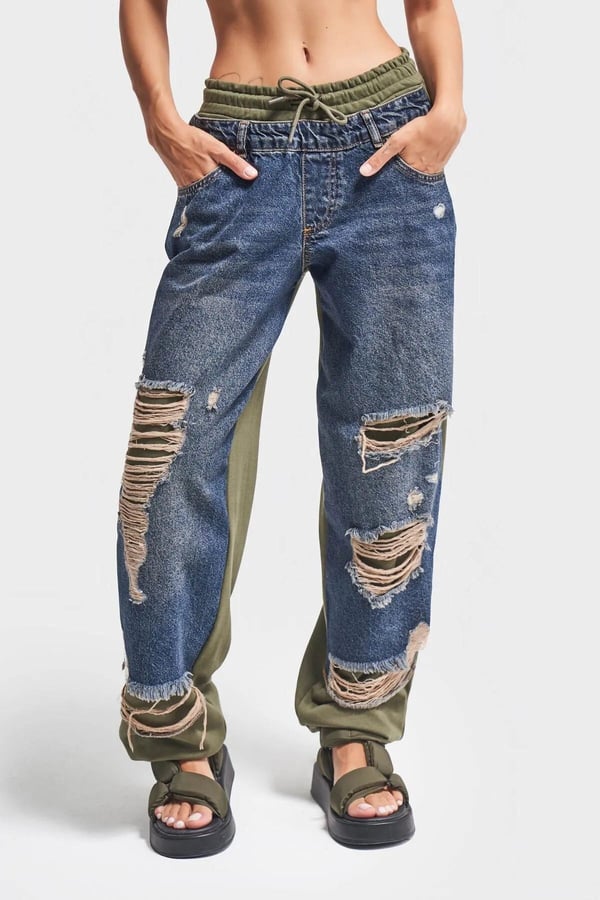 Kadın Tint Haki Lazer Detaylı Skater Jogger Fit Denim Jogger Kot Pantolon Baggy Model