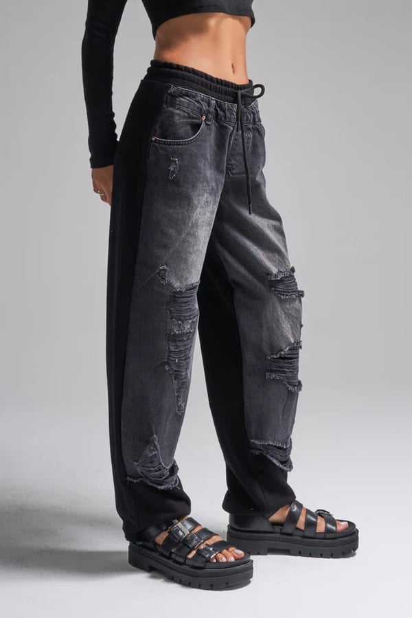 Kadın Tint Haki Lazer Detaylı Skater Jogger Fit Denim Jogger Kot Pantolon Baggy Model