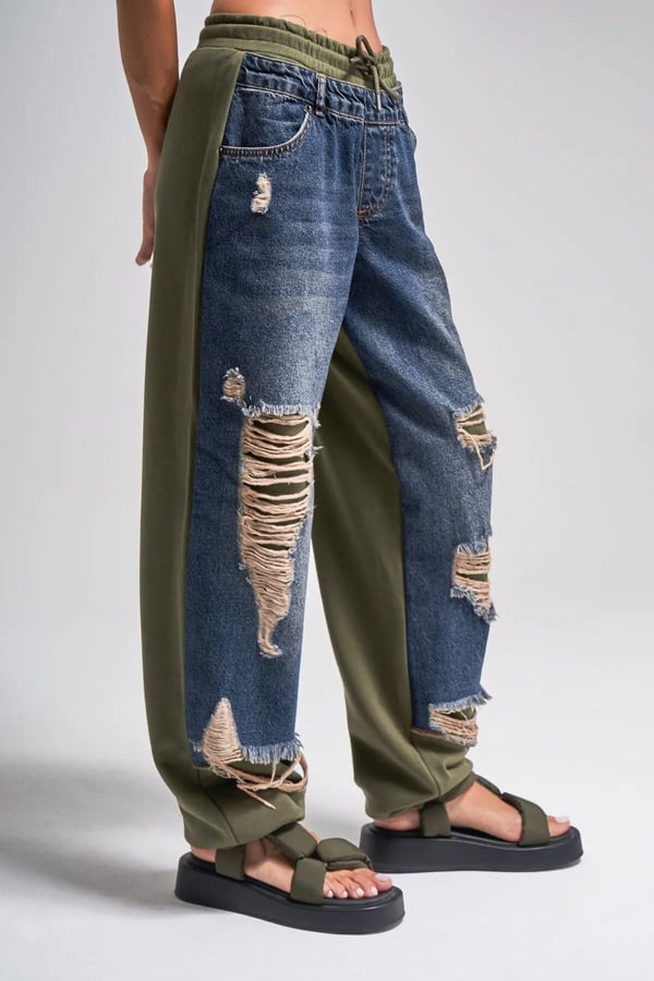Kadın Tint Haki Lazer Detaylı Skater Jogger Fit Denim Jogger Kot Pantolon Baggy Model