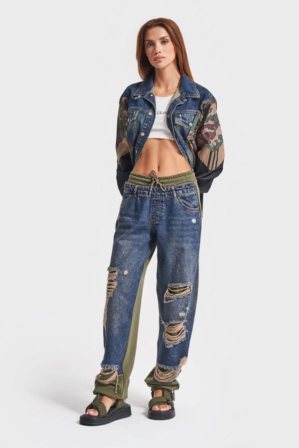 Kadın Tint Haki Lazer Detaylı Skater Jogger Fit Denim Jogger Kot Pantolon Baggy Model