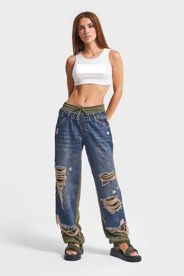 Kadın Tint Haki Lazer Detaylı Skater Jogger Fit Denim Jogger Kot Pantolon Baggy Model