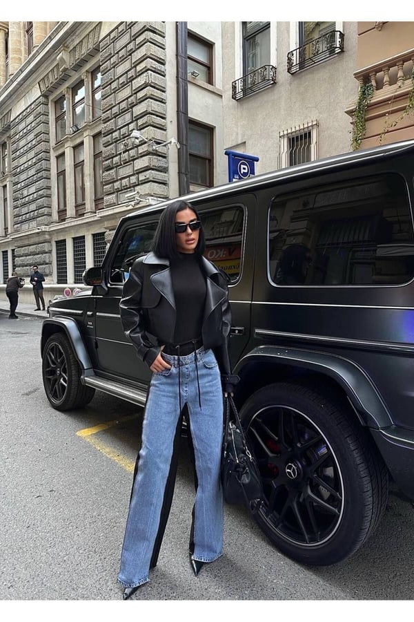 Kadın Tint Haki Lazer Detaylı Skater Jogger Fit Denim Jogger Kot Pantolon Baggy Model