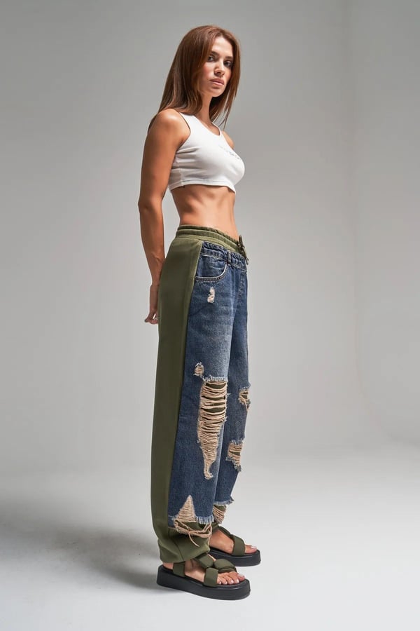 Kadın Tint Haki Lazer Detaylı Skater Jogger Fit Denim Jogger Kot Pantolon Baggy Model