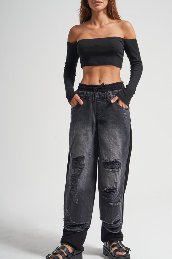 Kadın Tint Kot Rengi Lazer Detaylı Skater Jogger Fit Denim Jogger Kot Pantolon Baggy