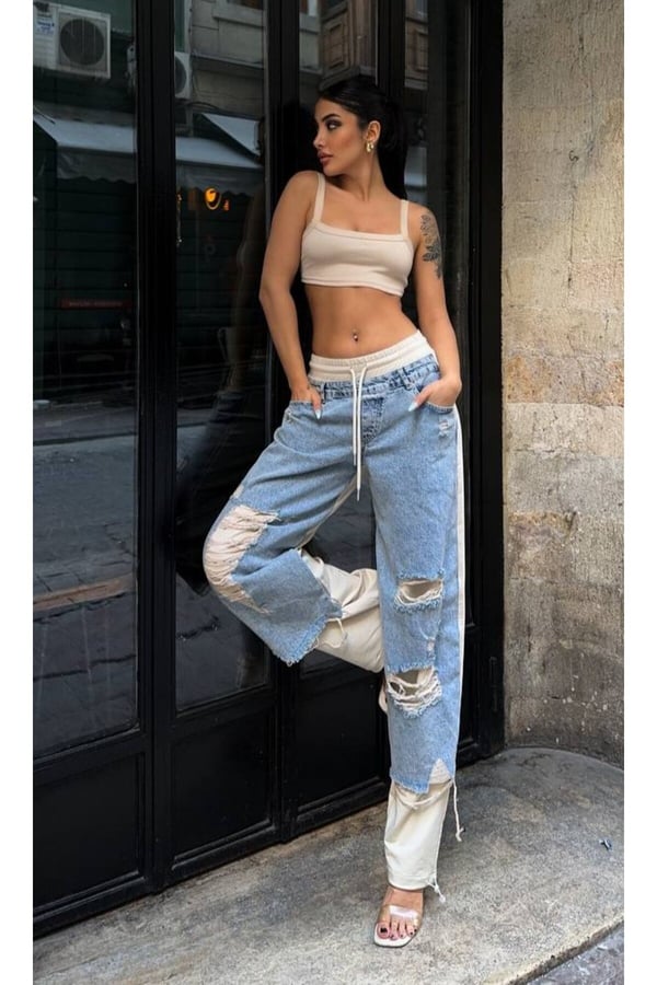 Kadın Tint Kot Rengi Lazer Detaylı Skater Jogger Fit Denim