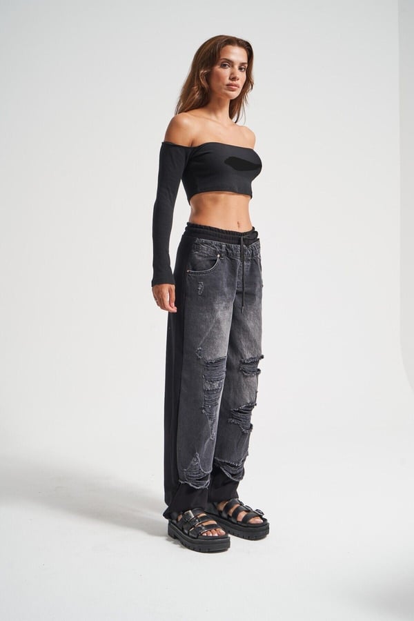 Kadın Tint Kot Rengi Lazer Detaylı Skater Jogger Fit Denim Jogger Kot Pantolon Baggy