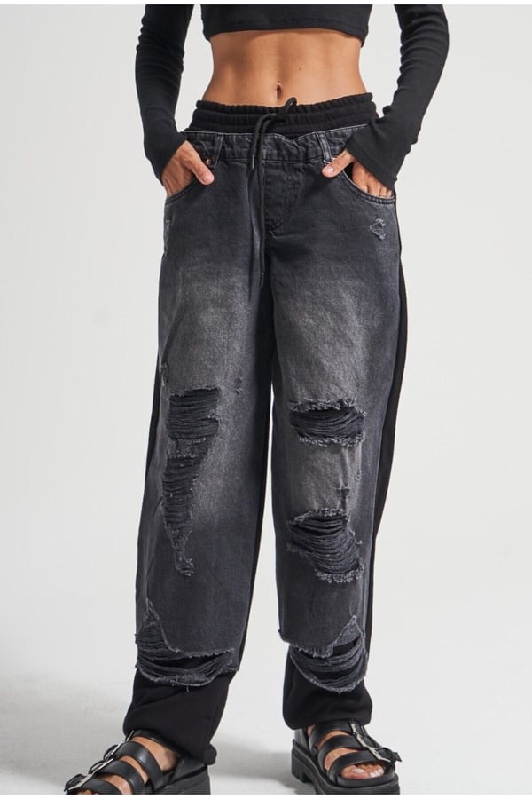 Kadın Tint Kot Rengi Lazer Detaylı Skater Jogger Fit Denim Jogger Kot Pantolon Baggy