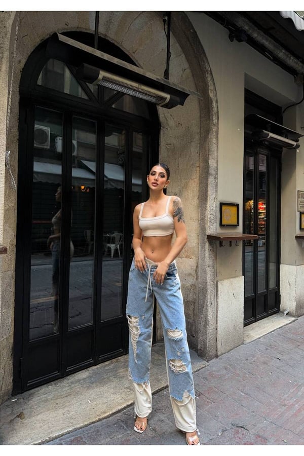 Kadın Tint Kot Rengi Lazer Detaylı Skater Jogger Fit Denim