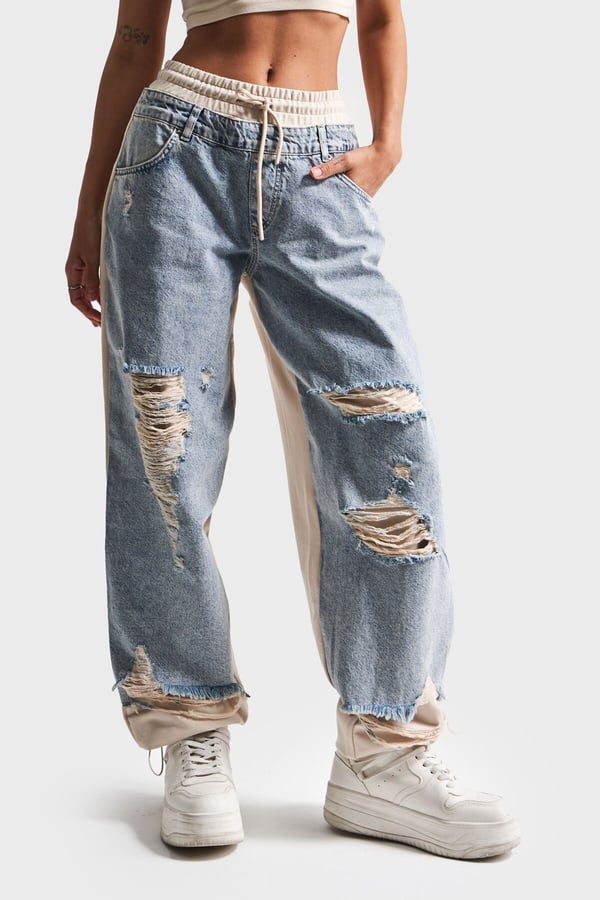Kadın Tint Kot Rengi Lazer Detaylı Skater Jogger Fit Denim