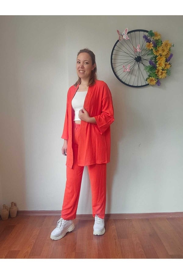 Kadın Turuncu Kimono Bürümcük Kumaş Alt-üst Takım