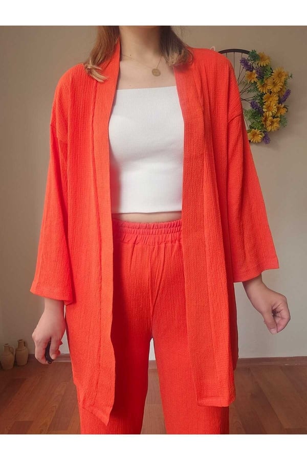 Kadın Turuncu Kimono Bürümcük Kumaş Alt-üst Takım