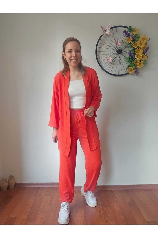 Kadın Turuncu Kimono Bürümcük Kumaş Alt-üst Takım