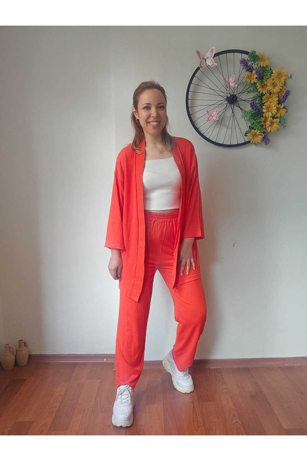 Kadın Turuncu Kimono Bürümcük Kumaş Alt-üst Takım