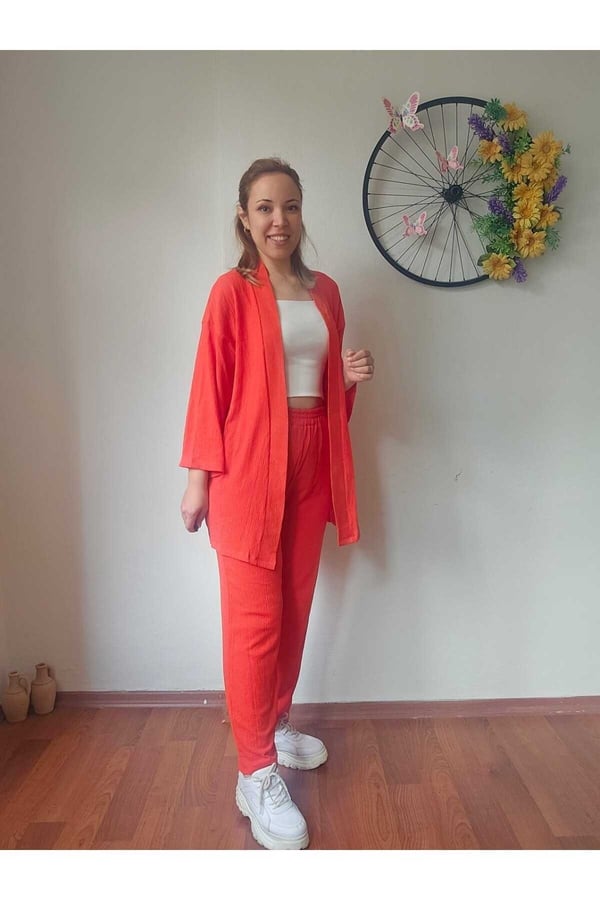 Kadın Turuncu Kimono Bürümcük Kumaş Alt-üst Takım