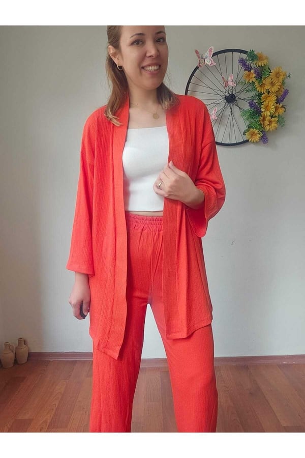 Kadın Turuncu Kimono Bürümcük Kumaş Alt-üst Takım