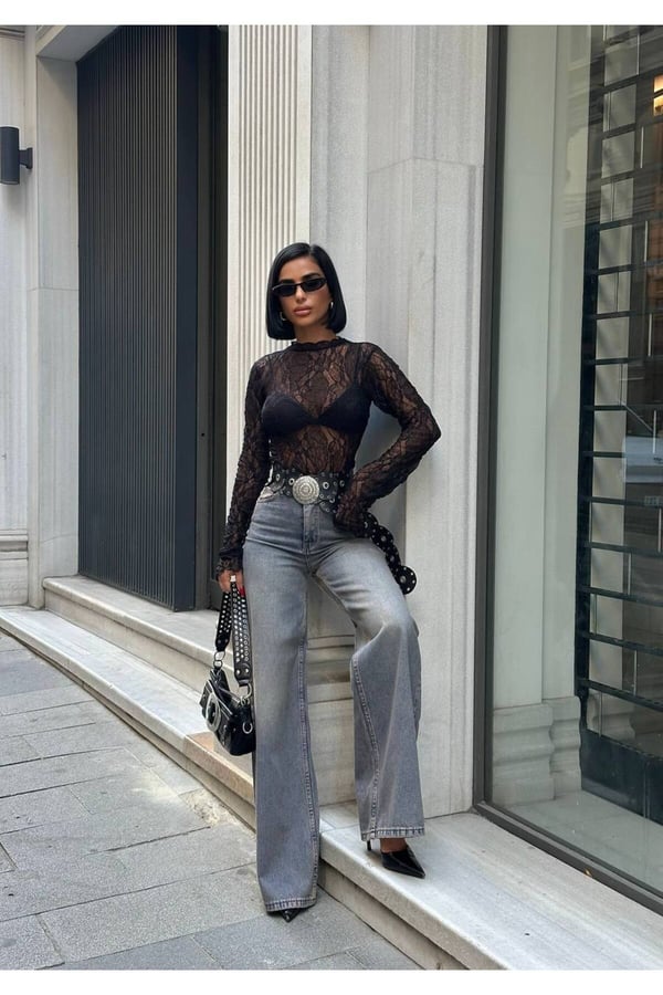 Kadın Yüksek Bel Bol Paça Wide Leg Denim Jean Pantolon