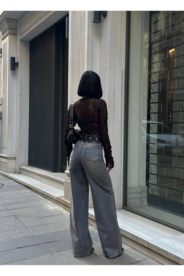 Kadın Yüksek Bel Bol Paça Wide Leg Denim Jean Pantolon