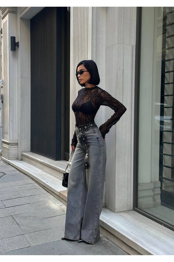 Kadın Yüksek Bel Bol Paça Wide Leg Denim Jean Pantolon