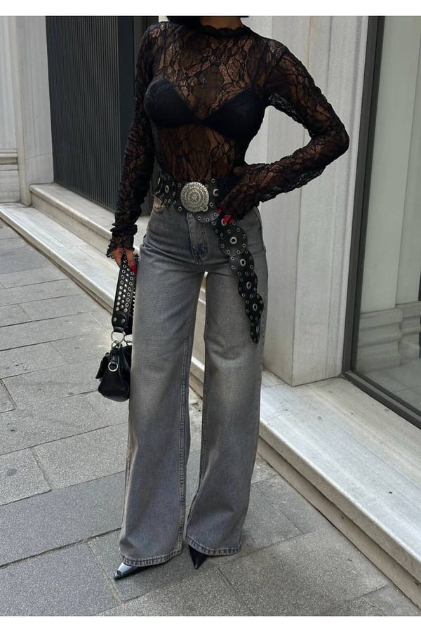Kadın Yüksek Bel Bol Paça Wide Leg Denim Jean Pantolon