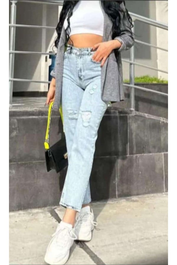 Kadın Yüksek Bel Mom Fit Yırtık Detaylı Kot Pantolon