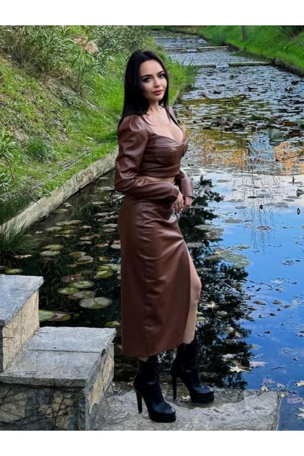 Kahverengi Deri Midi Etek Büstiyer Ceket Takımı