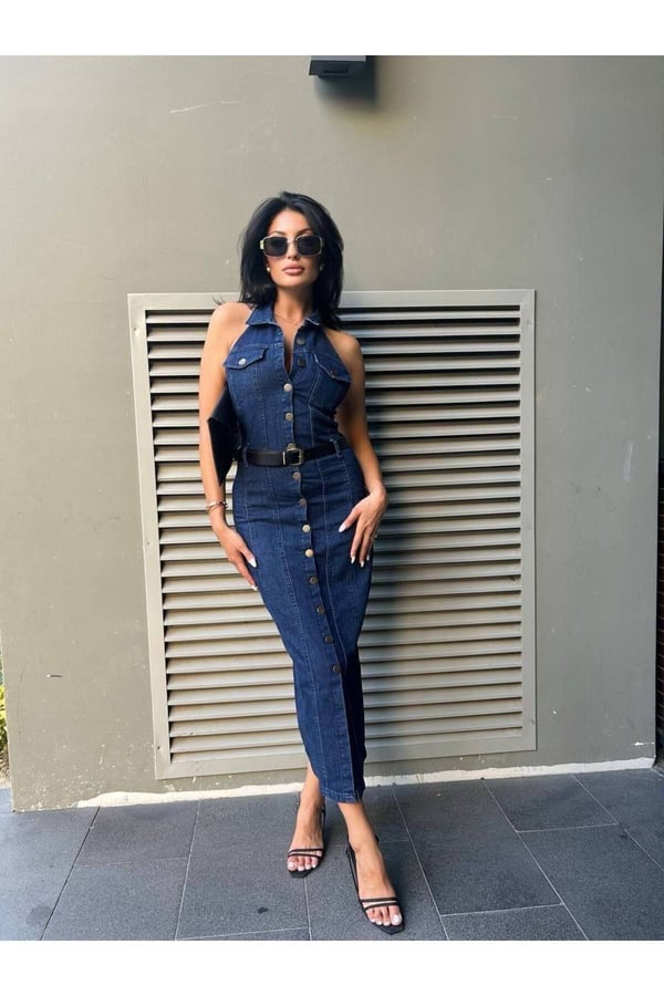 Kemerli Kot Elbise Denim Likralı Sırt Dırapeli