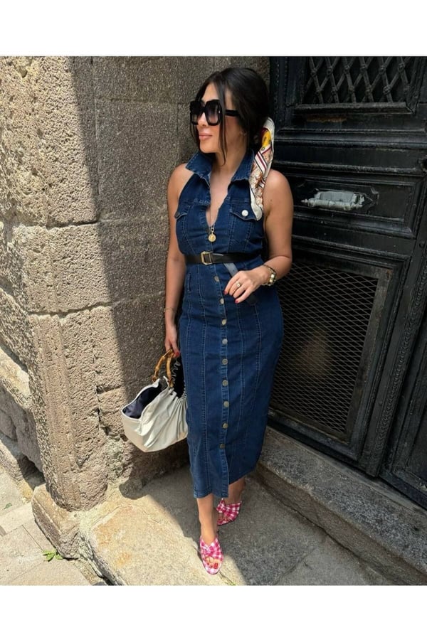 Kemerli Kot Elbise Denim Likralı Sırt Dırapeli
