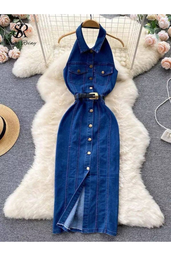 Kemerli Kot Elbise Denim Likralı Sırt Dırapeli