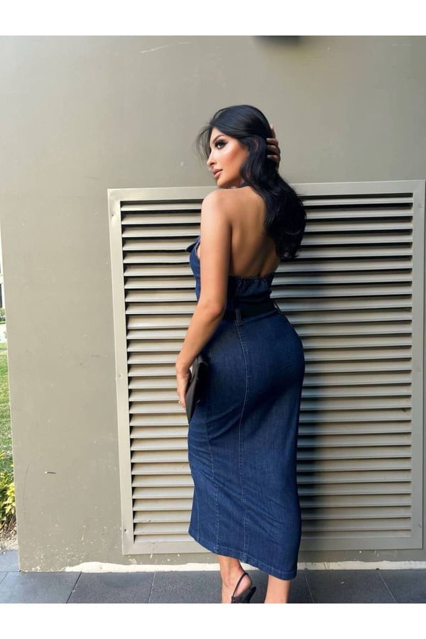 Kemerli Kot Elbise Denim Likralı Sırt Dırapeli