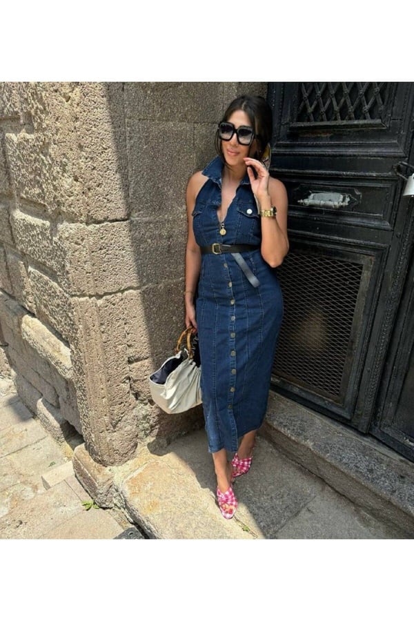 Kemerli Kot Elbise Denim Likralı Sırt Dırapeli