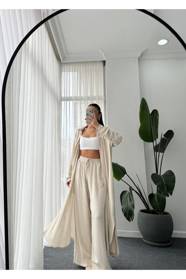 Kimono Takın Uzun Maxi Boy Gömlek Pantolonlu Takım
