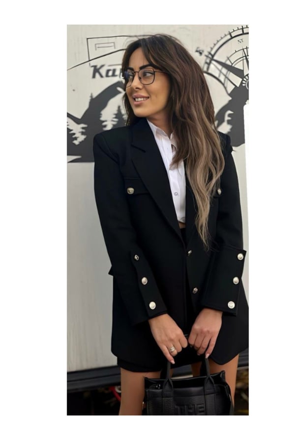 Kolları Düğmeli Siyah Tasarım Ceket Blazer Ceket