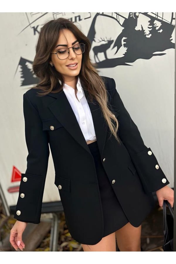 Kolları Düğmeli Siyah Tasarım Ceket Blazer Ceket