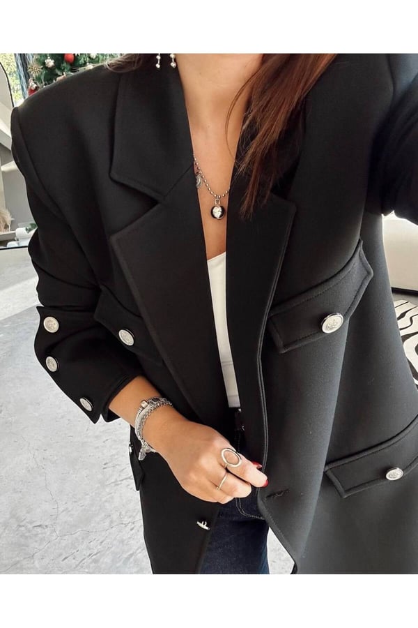 Kolları Düğmeli Siyah Tasarım Ceket Blazer Ceket