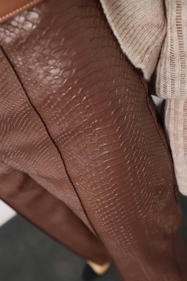 Kroke Desen Kadın Kahverengi Deri Pantolon