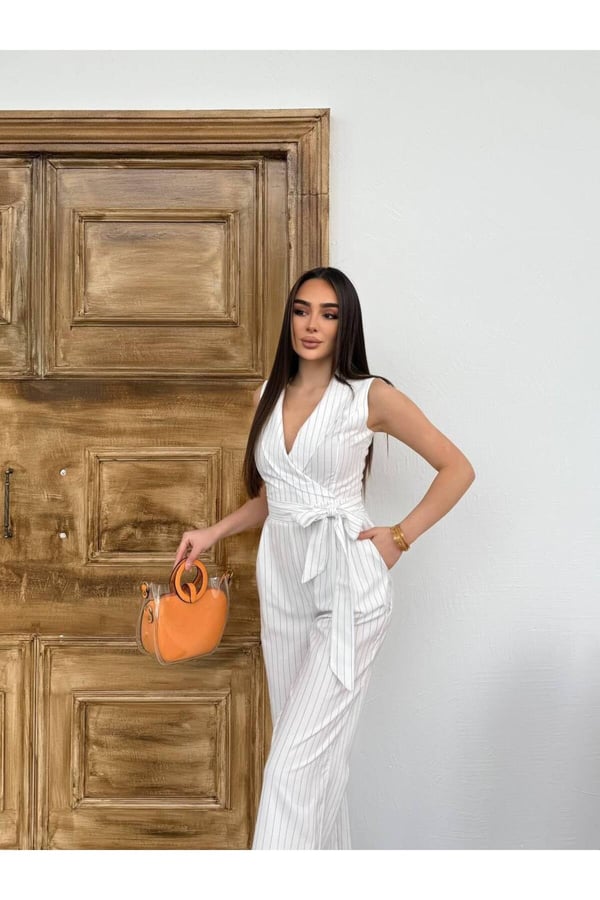 Kruvaze Yaka Dik Çizgili Kumaş Tulum Günlük Davet Gece Kullanımına Uygun Şık Tulum Bol Paça Tulum