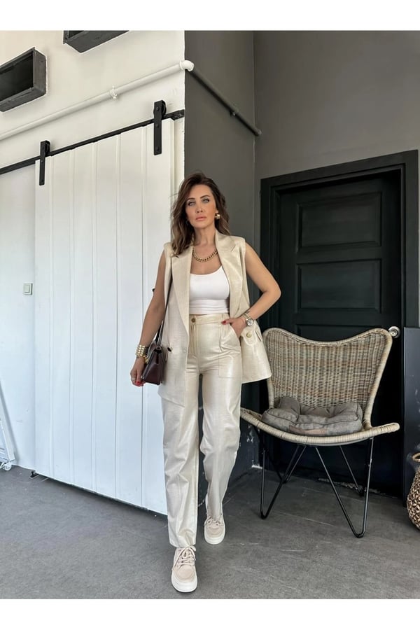 Kumaş Takım Keten Kaplama Yelek Pantolon Takım Taş