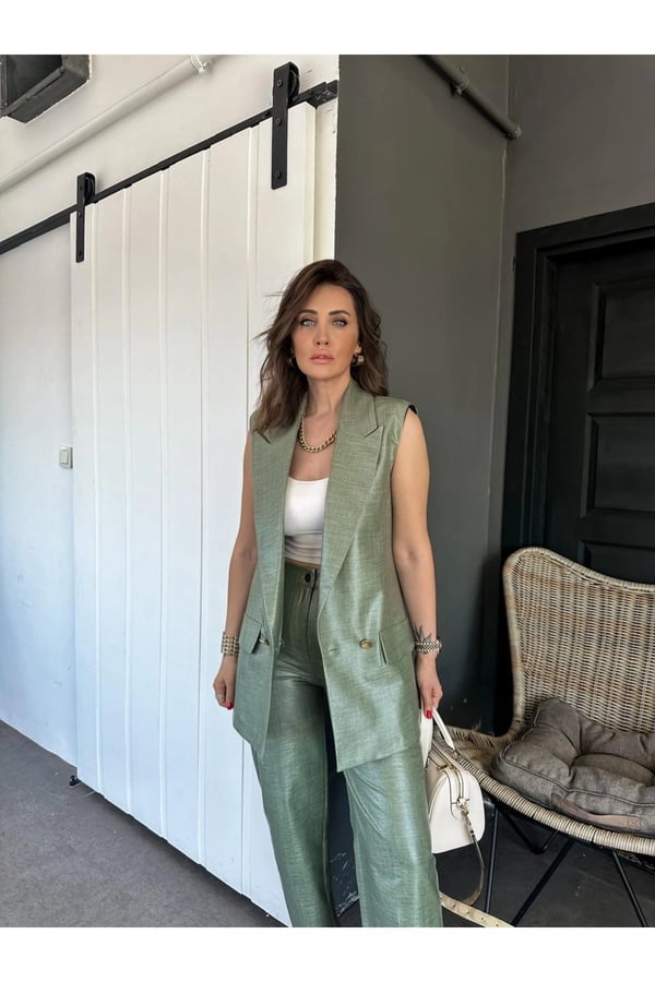 Kumaş Takım Keten Kaplama Yelek Pantolon Takım Yeşil