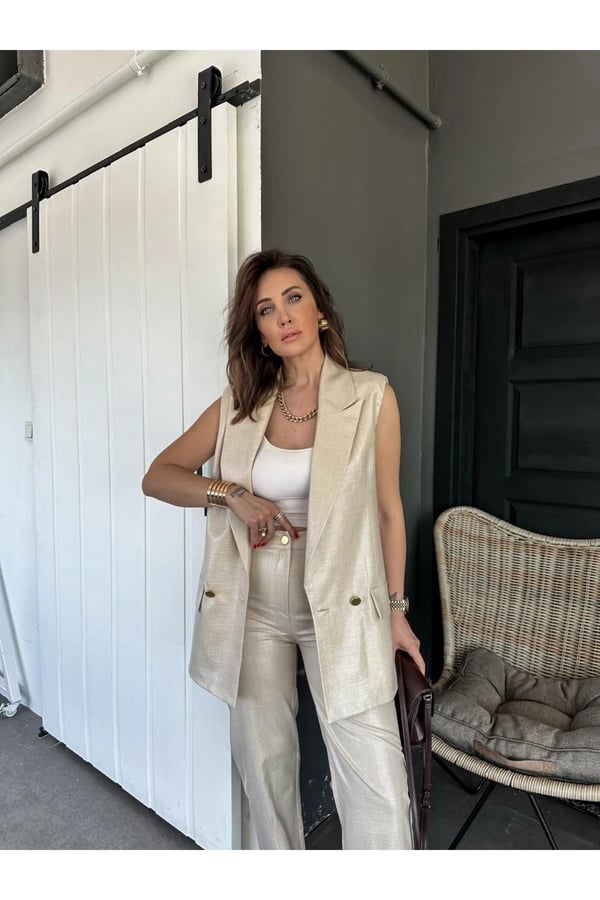 Kumaş Takım Keten Kaplama Yelek Pantolon Takım Taş