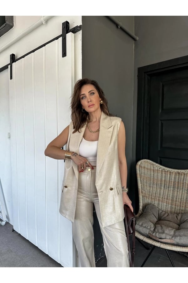 Kumaş Takım Keten Kaplama Yelek Pantolon Takım Taş